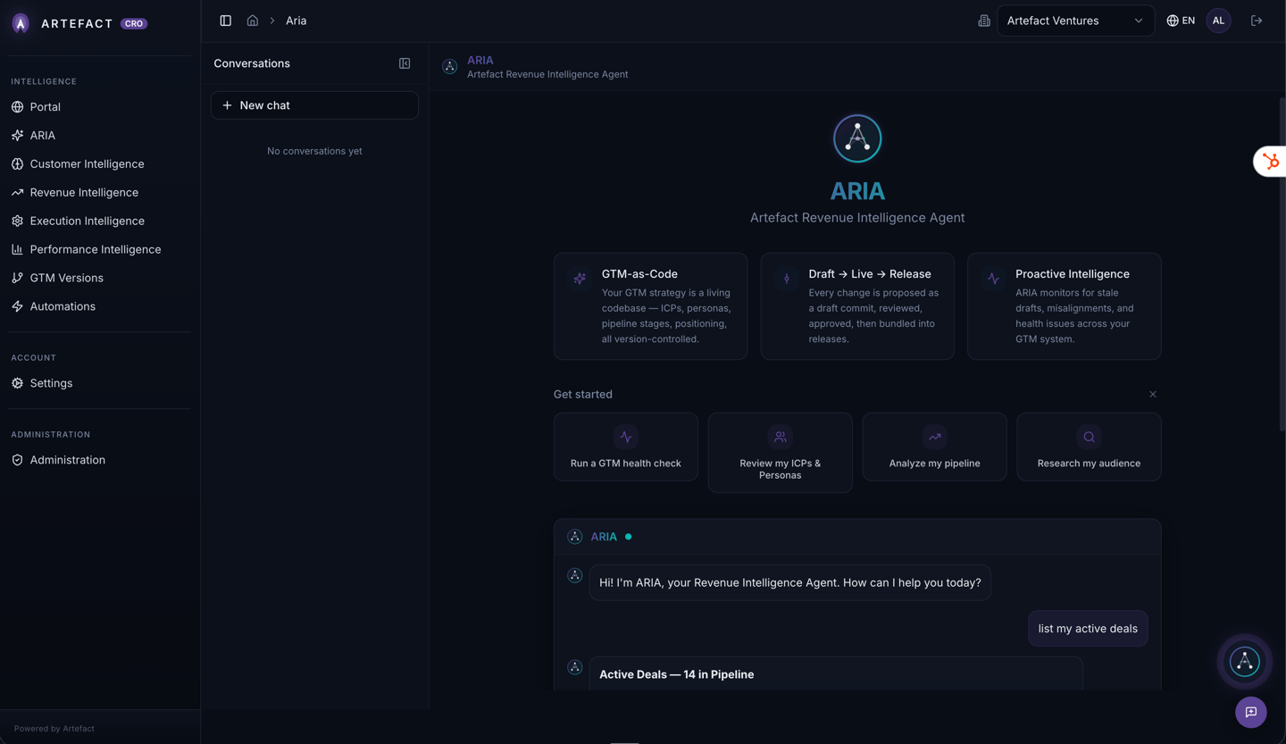 ARIA — Agent d'intelligence de revenus Artefact. Interface de clavardage IA pour les opérations GTM, l'analyse de pipeline et la gestion ICP.